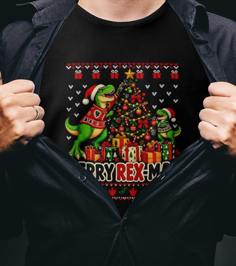 Merry Rex Mas Rex Dinosaur Christmas Tree Santa Hats T-Shirt