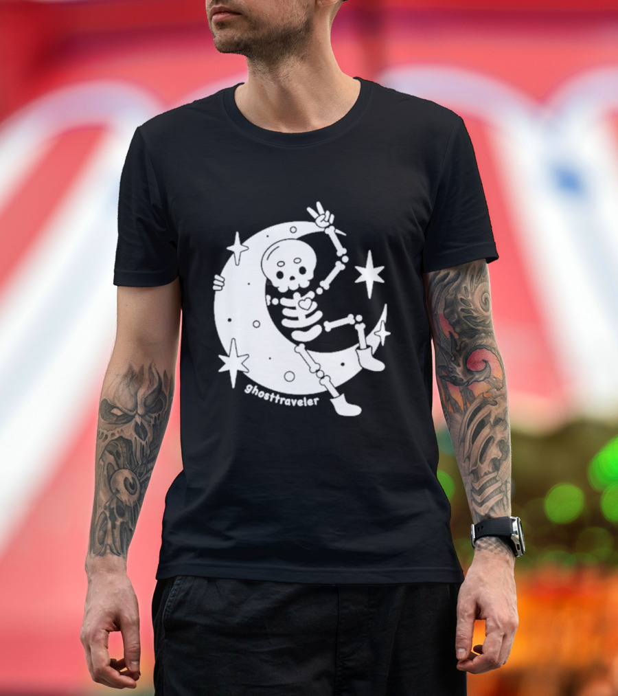 Ghosttraveler Skeleton On The Moon With Stars Spooky Halloween T-Shirt