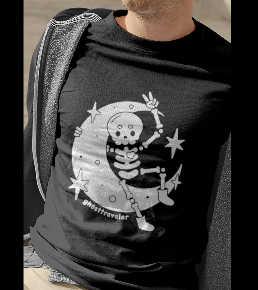 Ghosttraveler Skeleton On The Moon With Stars Spooky Halloween T-Shirt