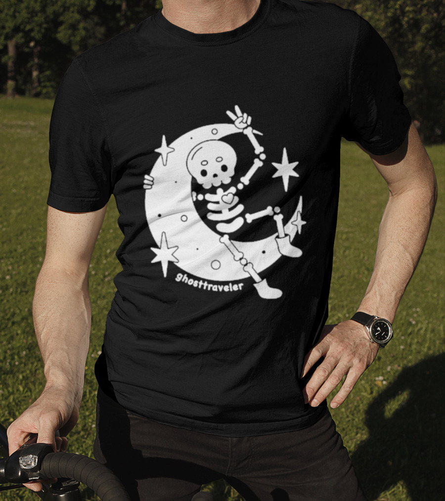 Ghosttraveler Skeleton On The Moon With Stars Spooky Halloween T-Shirt