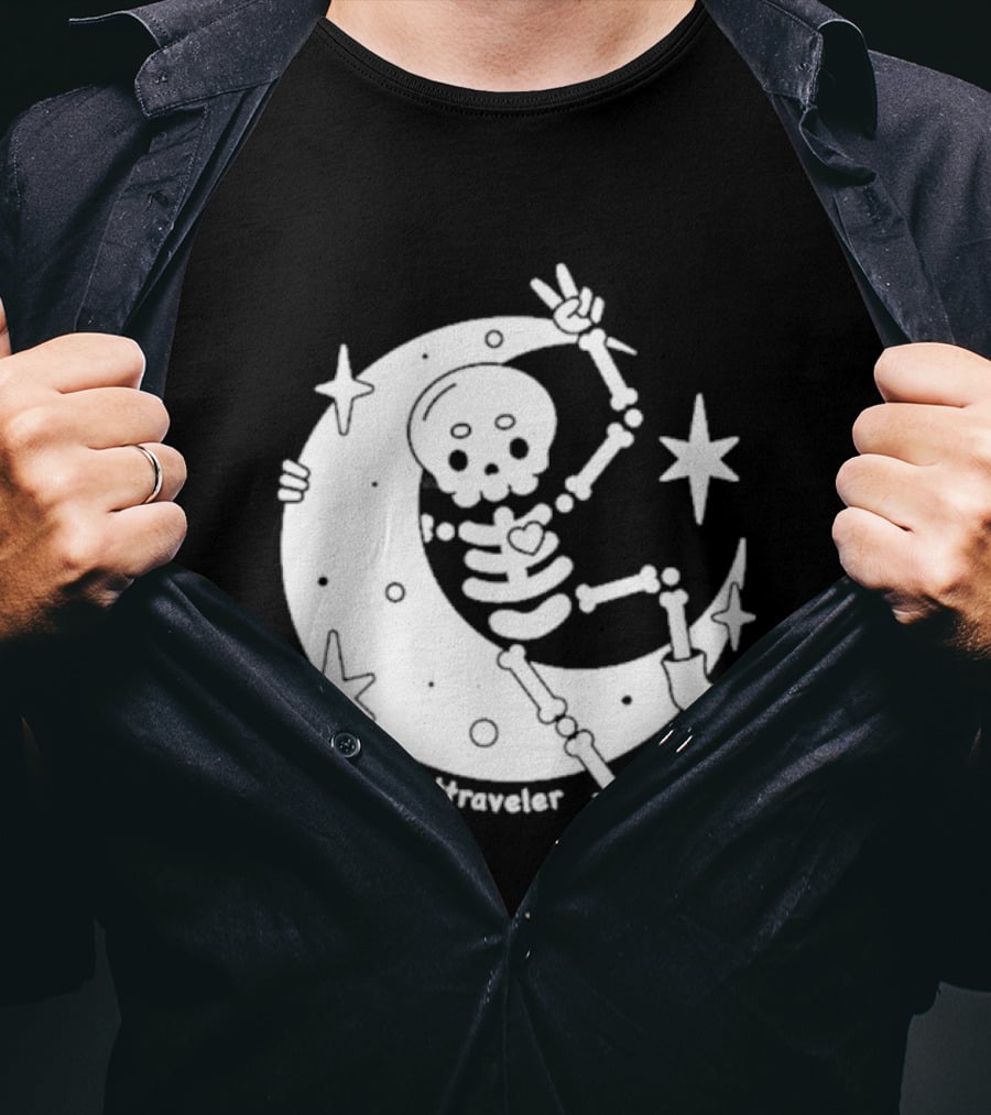 Ghosttraveler Skeleton On The Moon With Stars Spooky Halloween T-Shirt