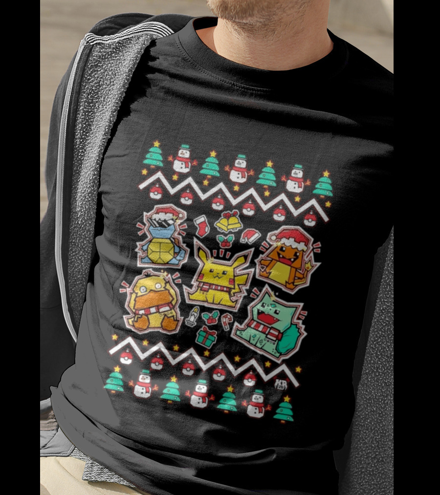 Pokemon Christmas Pikachu Charmander Snorlax Psyduck Holiday Sweater Characters T-Shirt
