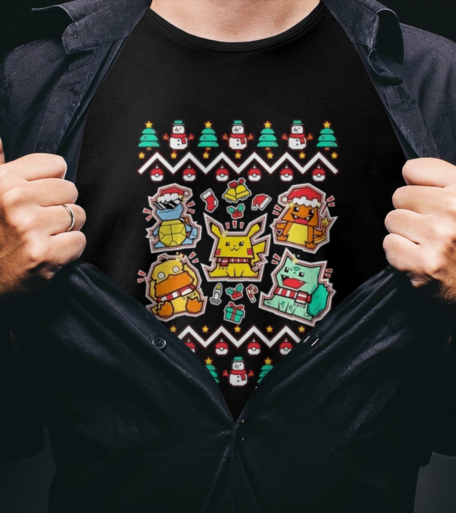 Pokemon Christmas Pikachu Charmander Snorlax Psyduck Holiday Sweater Characters T-Shirt