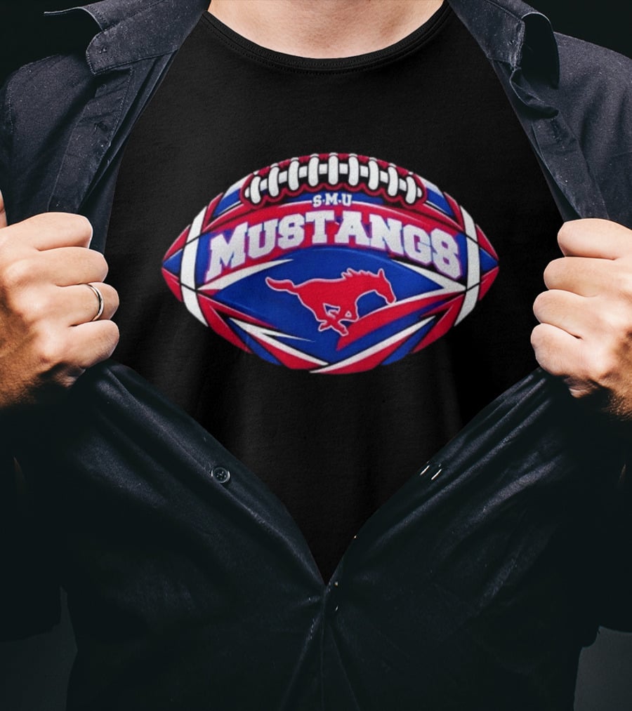SMU Mustangs Football NCAA S.M.U. Red Blue Rugby Ball T-Shirt