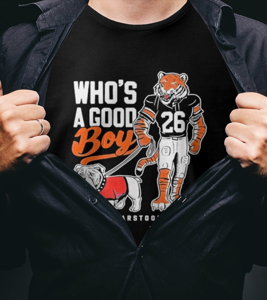 Who's A Good Boy Barstool Sports Tiger 26 Football Player Bulldog T-Shirt