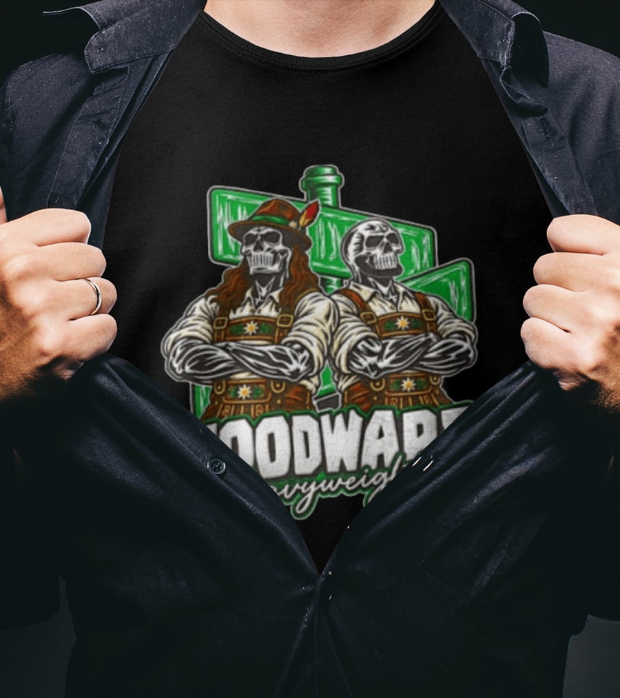 Woodward Heavyweights Two Skulls Lederhosen Crossed Arms T-Shirt