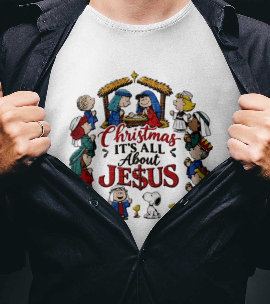 Christmas It's All About Jesus Charlie Brown Snoopy Peanuts Nativity Scene T-Shirt
