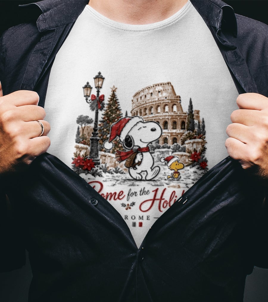 Snoopy And Woodstock Rome For The Holidays Christmas Colosseum Scene T-Shirt