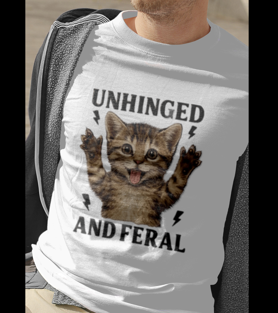 Unhinged And Feral Tabby Kitten Paws Up Tongue Out Cute Cat Lover's Humor T-Shirt