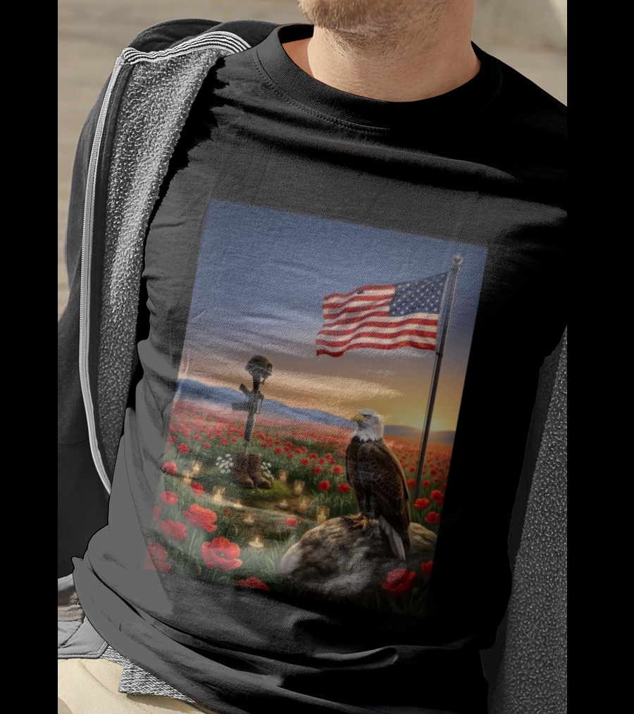 Battlefield Cross American Flag Eagle Honor Our Fallen Heroes Poppy Field T-Shirt