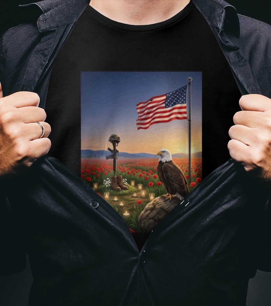 Battlefield Cross American Flag Eagle Honor Our Fallen Heroes Poppy Field T-Shirt