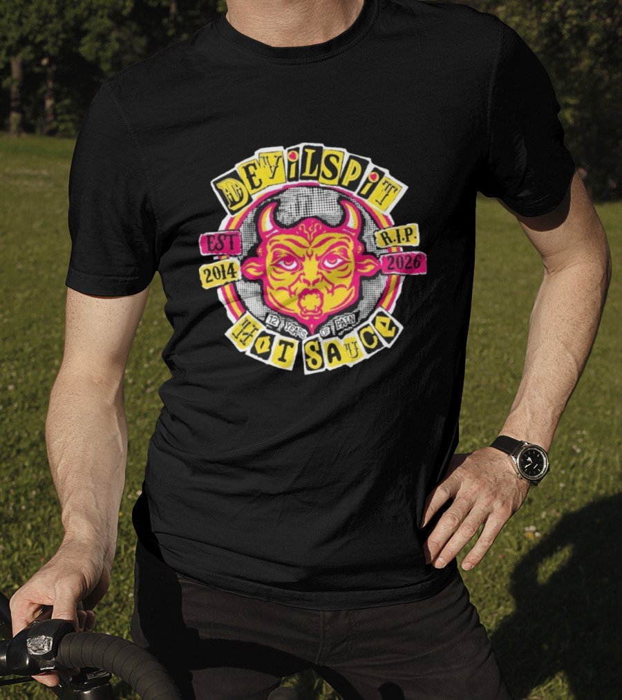 Devilspit Hot Sauce 12 Years Of Pain Est 2014 RIP 2026 Devil Face T-Shirt