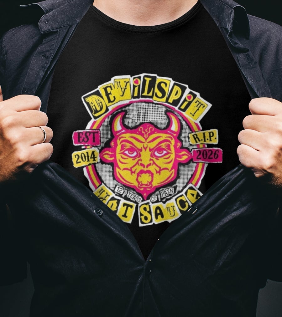 Devilspit Hot Sauce 12 Years Of Pain Est 2014 RIP 2026 Devil Face T-Shirt