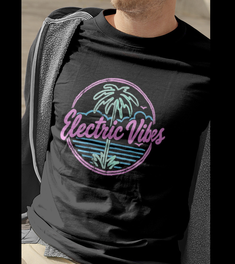Electric Vibes Distressed Palm Tree Tropical Sunset Beach T-Shirt