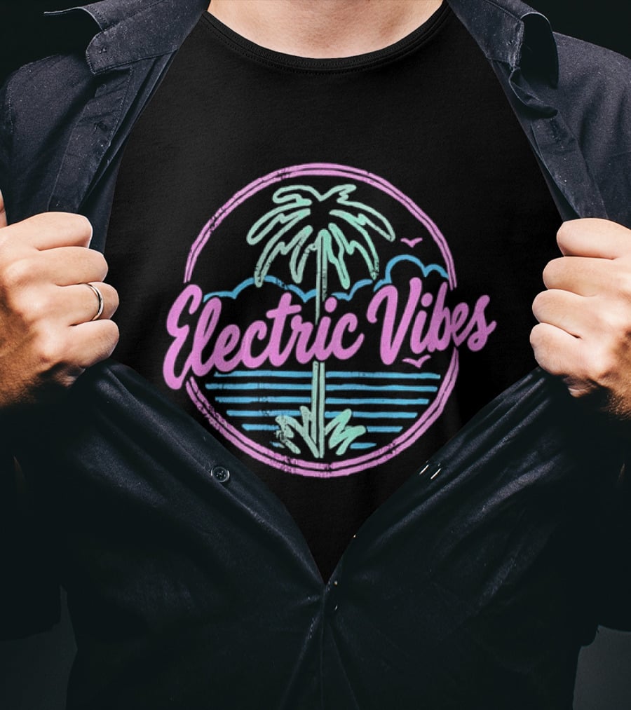 Electric Vibes Distressed Palm Tree Tropical Sunset Beach T-Shirt