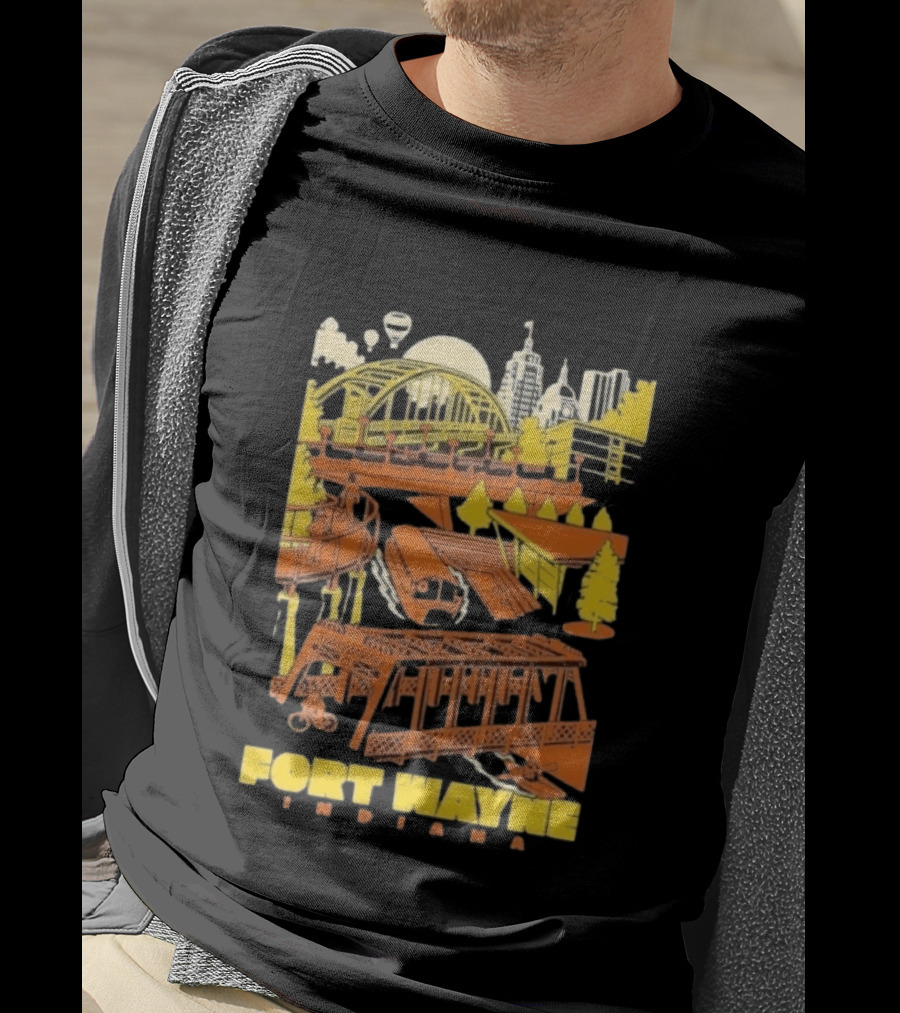 Fort Wayne Indiana Riverfront Yellow Orange Skyline And Bridges T-Shirt