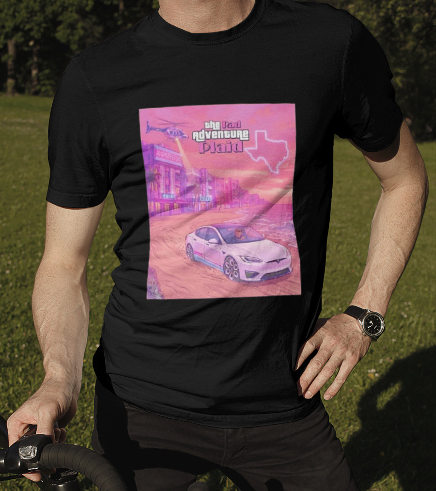 Rad Adventure Plaid Tesla Beach Gag City Joshwest247 Texas Neon Helicopter T-Shirt
