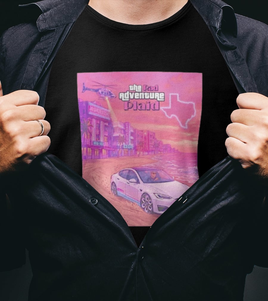 Rad Adventure Plaid Tesla Beach Gag City Joshwest247 Texas Neon Helicopter T-Shirt
