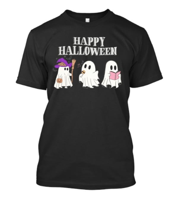 Happy Halloween Ghosts With Witch Hat Singing And Reading T-Shirt