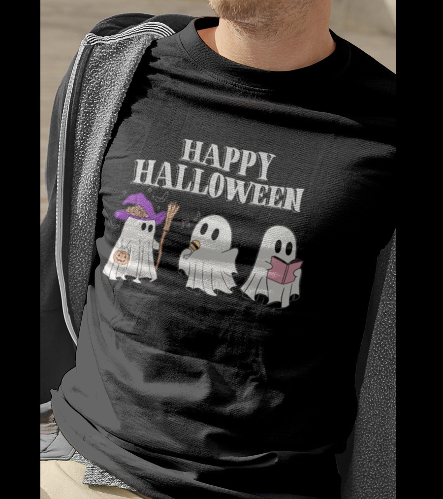Happy Halloween Ghosts With Witch Hat Singing And Reading T-Shirt