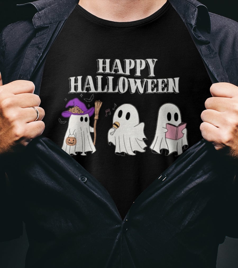 Happy Halloween Ghosts With Witch Hat Singing And Reading T-Shirt