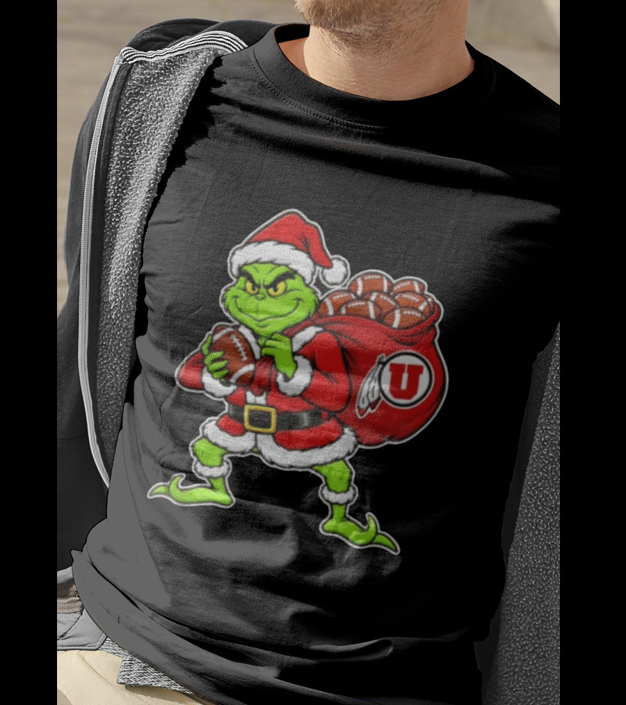 Santa Grinch Utah Utes With Chiefs Footballs Christmas T-Shirt