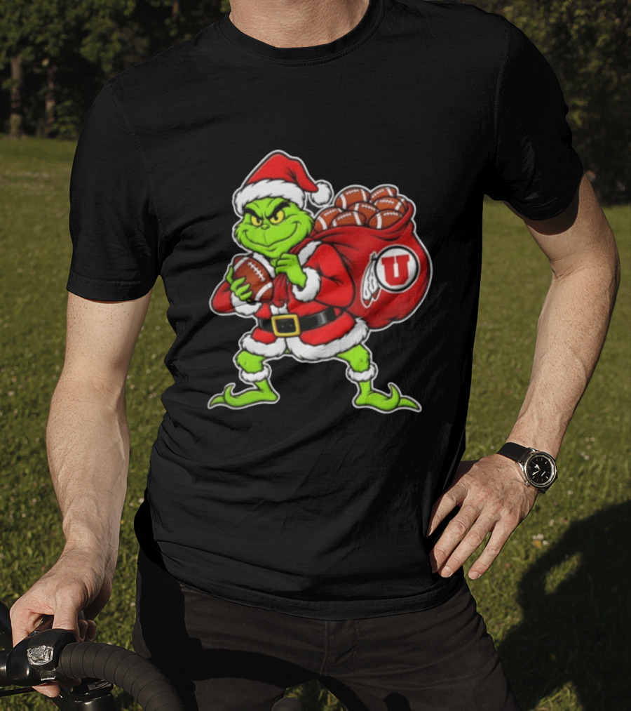 Santa Grinch Utah Utes With Chiefs Footballs Christmas T-Shirt
