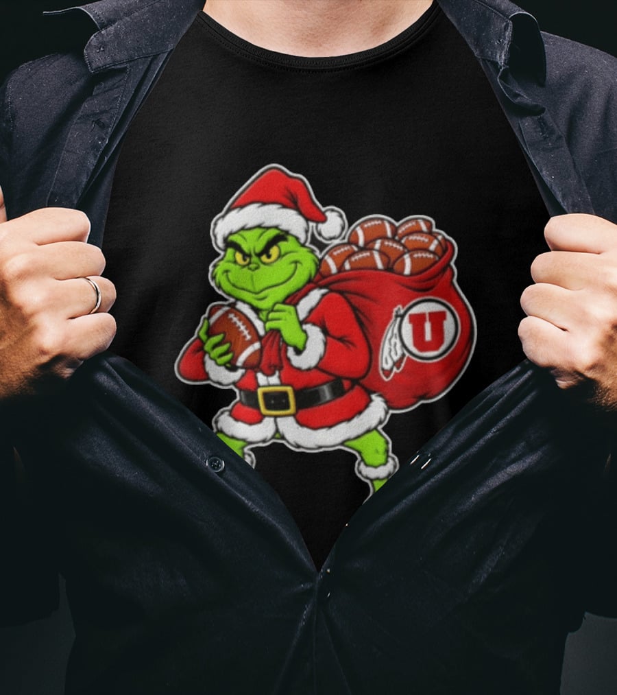 Santa Grinch Utah Utes With Chiefs Footballs Christmas T-Shirt