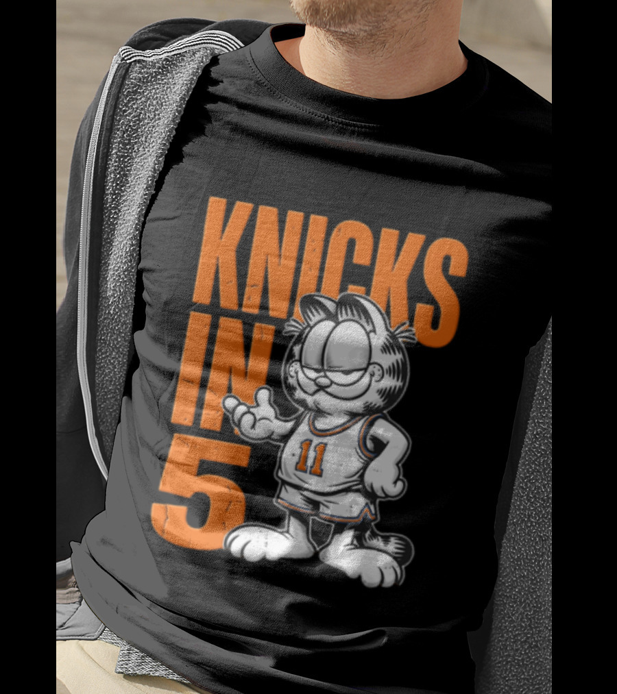 Knicks In 5 Cartoon Cat Wearing Basketball Jersey T-Shirt