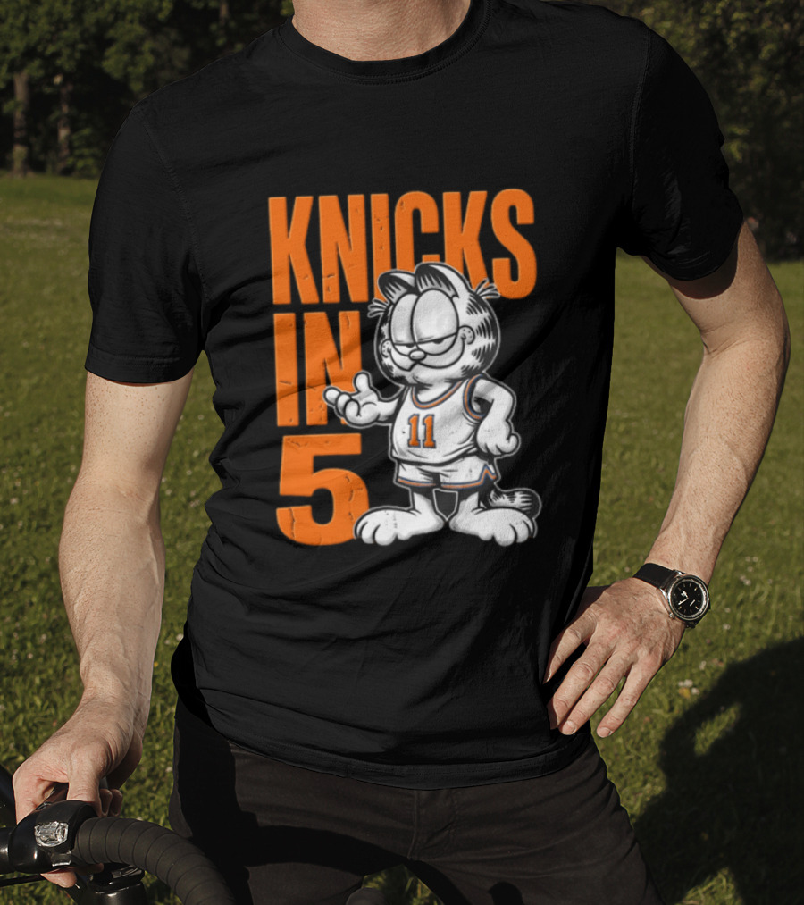 Knicks In 5 Cartoon Cat Wearing Basketball Jersey T-Shirt