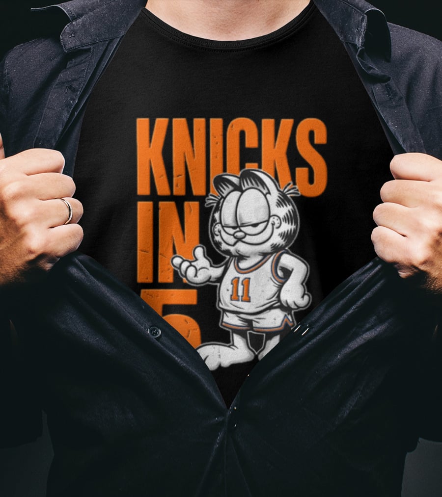 Knicks In 5 Cartoon Cat Wearing Basketball Jersey T-Shirt