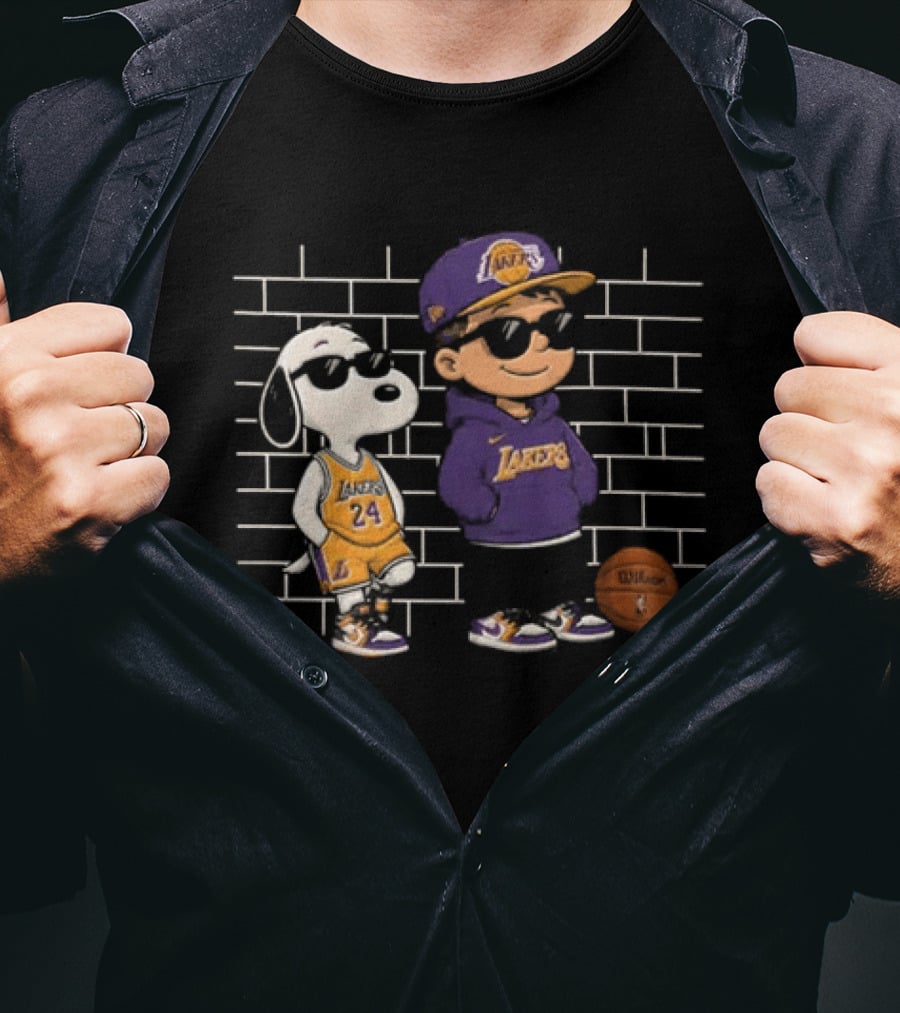 Snoopy And Charlie Brown Los Angeles Lakers Basketball Fan Team Outfit T-Shirt