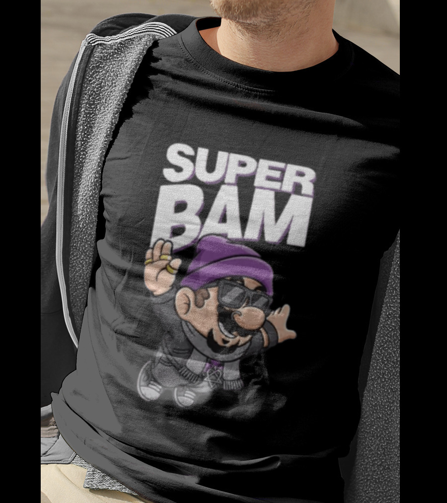Super Bam Margera Cartoon Style Jackass Purple Beanie Sunglasses Rugged Look T-Shirt