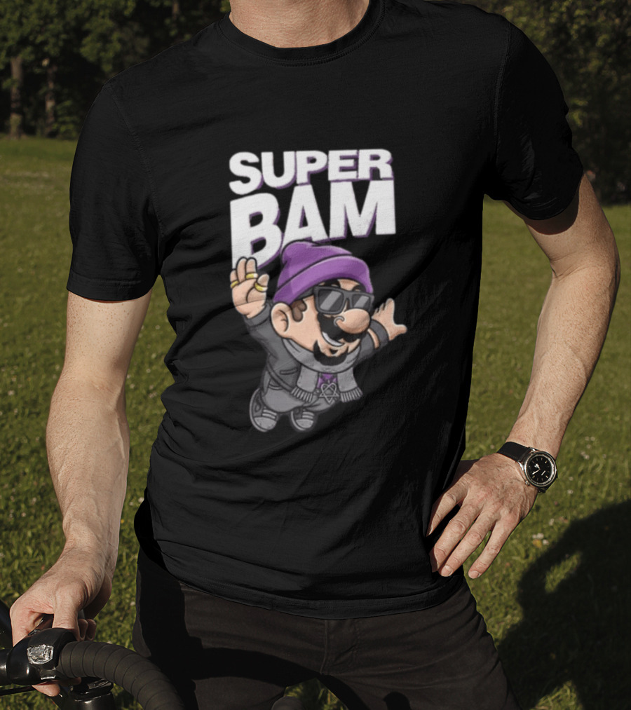 Super Bam Margera Cartoon Style Jackass Purple Beanie Sunglasses Rugged Look T-Shirt
