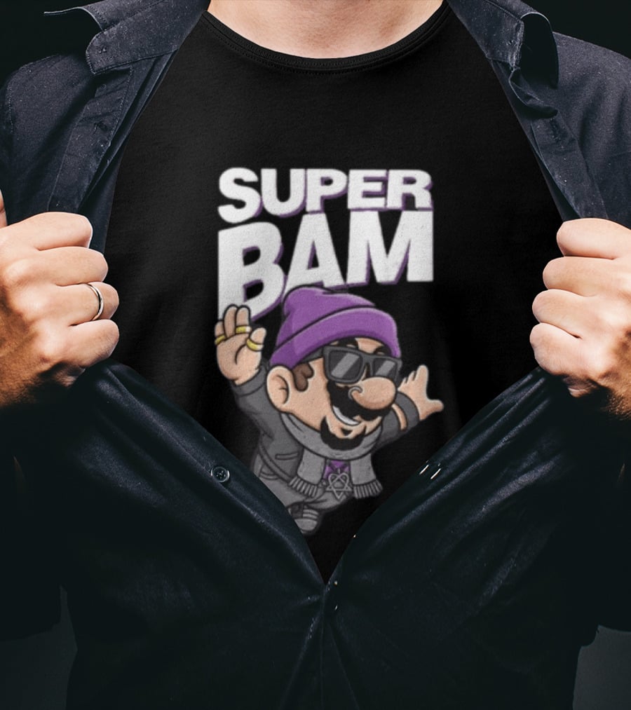 Super Bam Margera Cartoon Style Jackass Purple Beanie Sunglasses Rugged Look T-Shirt