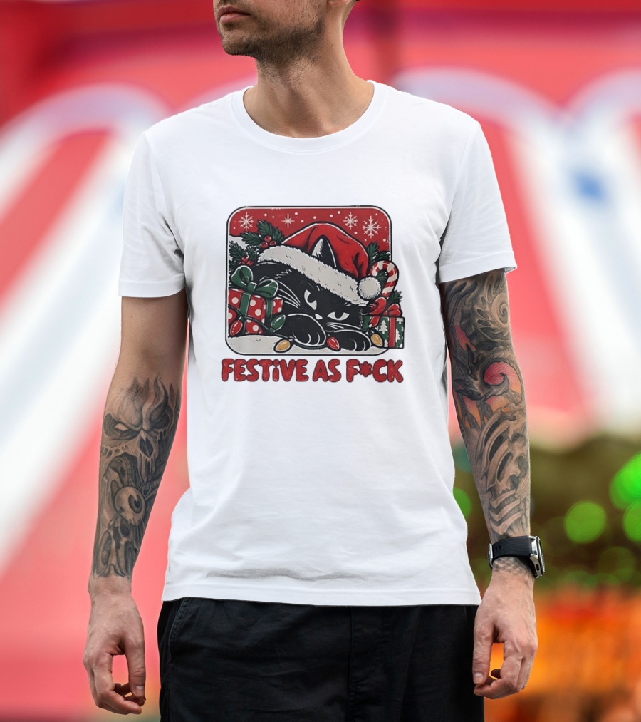 Festive As Fck Cat Christmas Holiday Santa Hat Snowflakes Presents T-Shirt