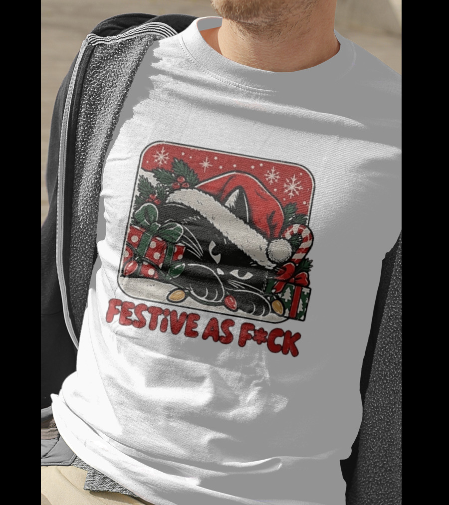 Festive As Fck Cat Christmas Holiday Santa Hat Snowflakes Presents T-Shirt