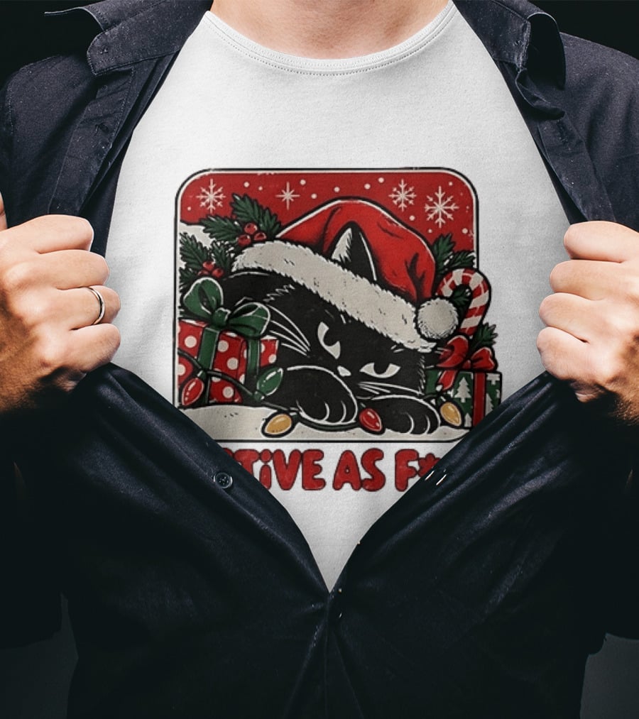 Festive As Fck Cat Christmas Holiday Santa Hat Snowflakes Presents T-Shirt