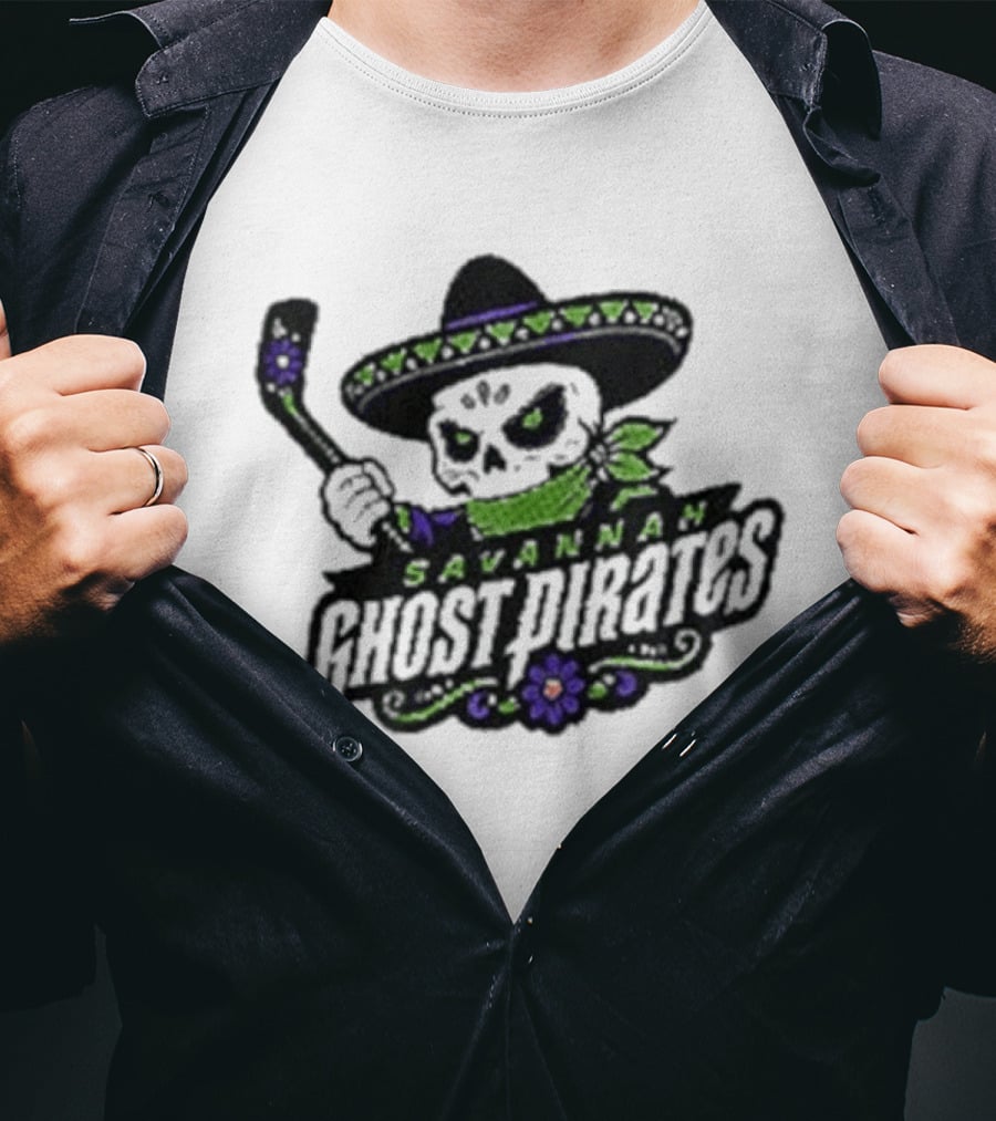 Savannah Ghost Pirates Day Of The Dead Skull Hockey Sombrero T-Shirt