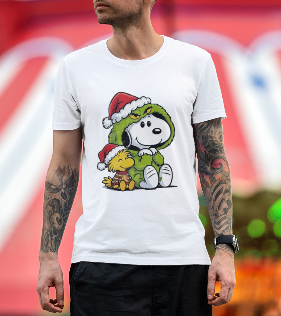 Snoopy And Woodstock In Grinch Costumes With Santa Hats Christmas T-Shirt