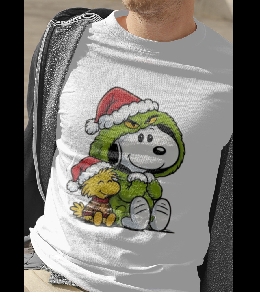 Snoopy And Woodstock In Grinch Costumes With Santa Hats Christmas T-Shirt