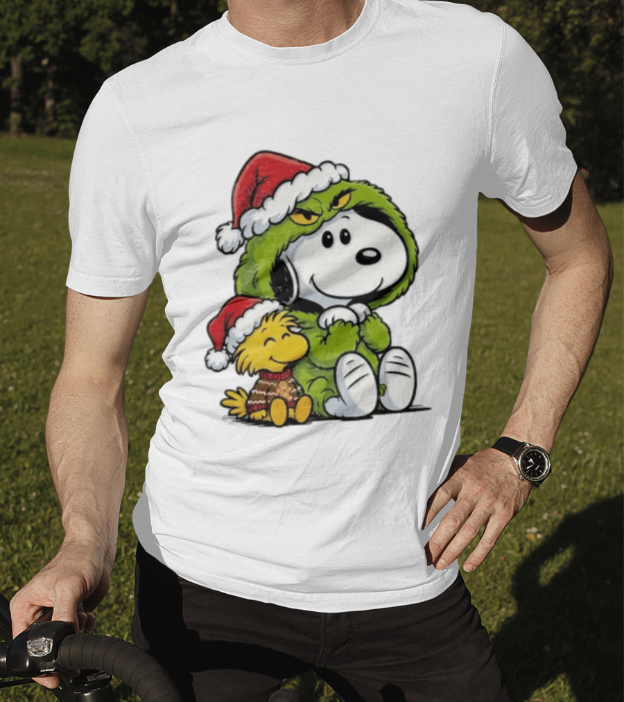 Snoopy And Woodstock In Grinch Costumes With Santa Hats Christmas T-Shirt
