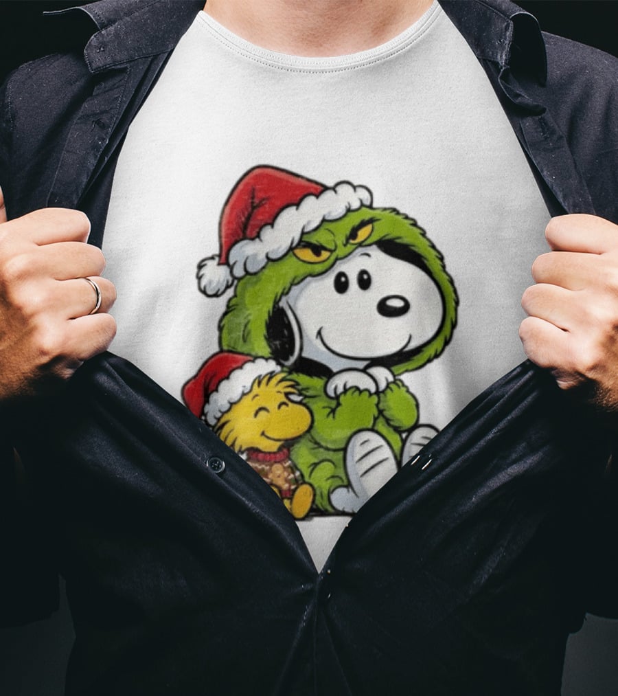Snoopy And Woodstock In Grinch Costumes With Santa Hats Christmas T-Shirt