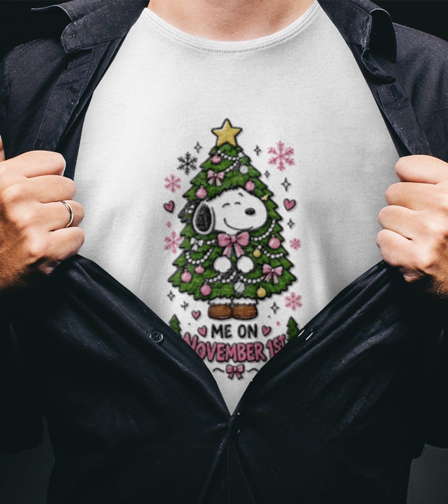 Christmas Snoopy November 1st Dressed As Christmas Tree With Pink Bows T-Shirt