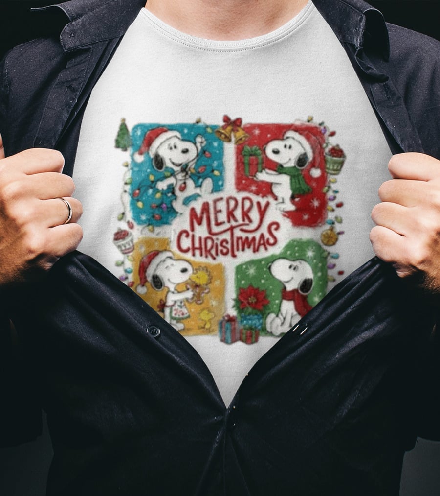Snoopy Merry Christmas Festive Celebration With Presents And Santa Hat T-Shirt
