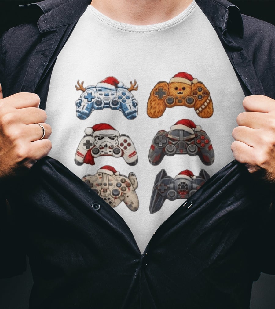 Star Wars Christmas Santa Hats Chewbacca Stormtrooper Darth Vader Gaming Controller Collection T-Shirt