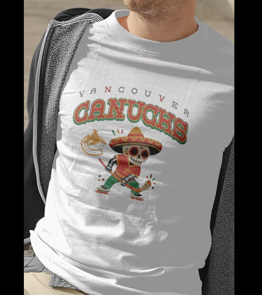 Vancouver Canucks Dia De Los Muertos Sugar Skull Hockey Player T-Shirt