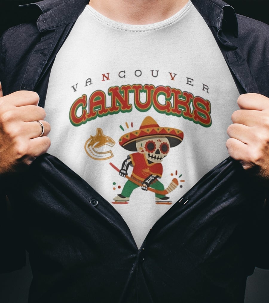 Vancouver Canucks Dia De Los Muertos Sugar Skull Hockey Player T-Shirt