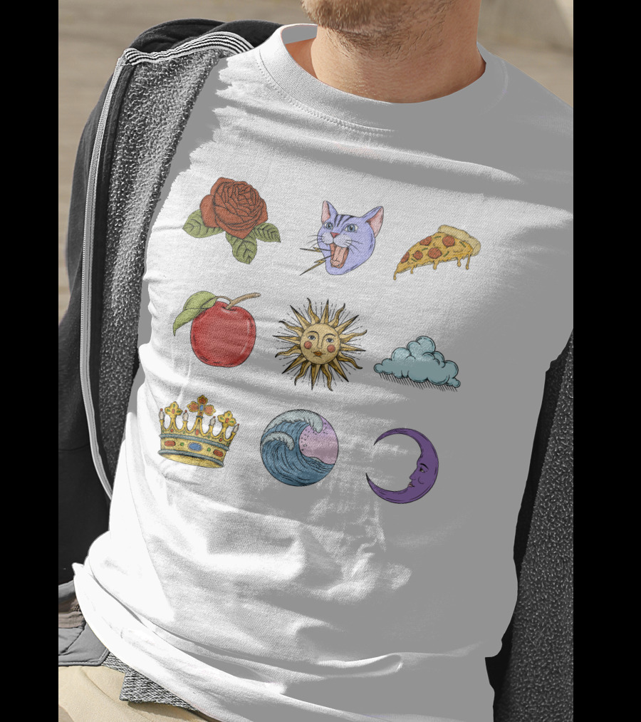 Rose Cat Pizza Apple Sun Cloud Crown Wave Moon T-Shirt