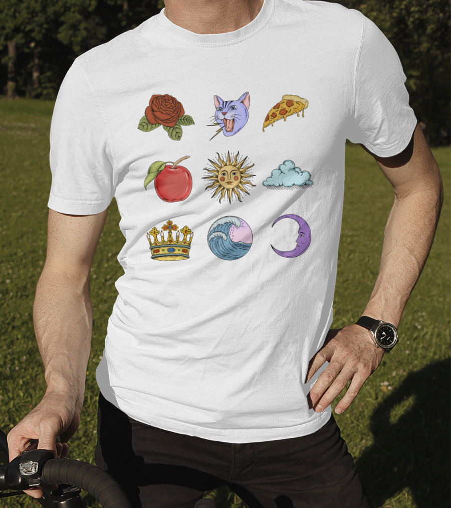 Rose Cat Pizza Apple Sun Cloud Crown Wave Moon T-Shirt
